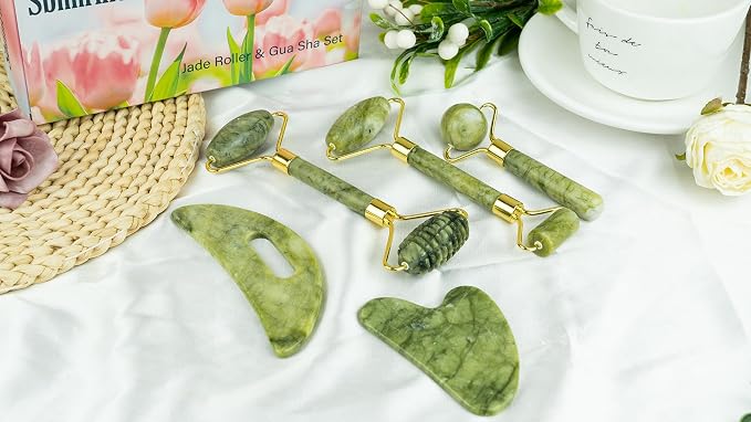 Jade Roller & Gua Sha Set 5-in-1, Full Body Massage Tools | Cool natural Xiuyan jade for depuffing facial massage, portable travel skincare kit, ideal stocking stuffer gifts for women