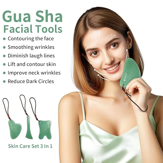 Lusomch 3PC Gua Sha Tools Set - Natural Nephrite Jade Facial & Body Stones, Hypoallergenic Skin Care Kit with Adjustable Cord & A Thoughful Acessory Pouch