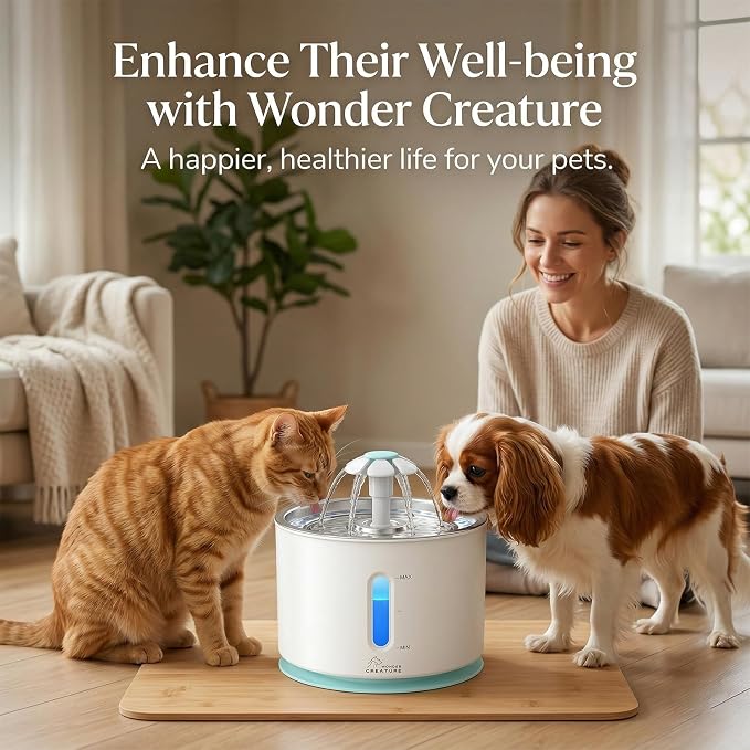 Wonder Creature Cat Water Fountain Stainless Steel Lid with 4 Filters, 81oz | 2.4L Pet Fountain with 4 Filters, 4 Sponges, Quiet Pump, Water Level Window, Stainless Steel Lid for Cats and Dogs