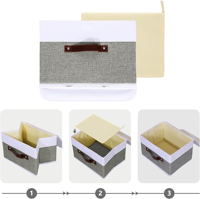 ANMINY Fabric Storage Box Bins with Lids, Gray White, 13"x9"x7.9" | Keepsake Memory Storage, Cotton Linen, PP Board Reinforced, Washable, PU Handles, Foldable & Stackable, Decorative, Medium