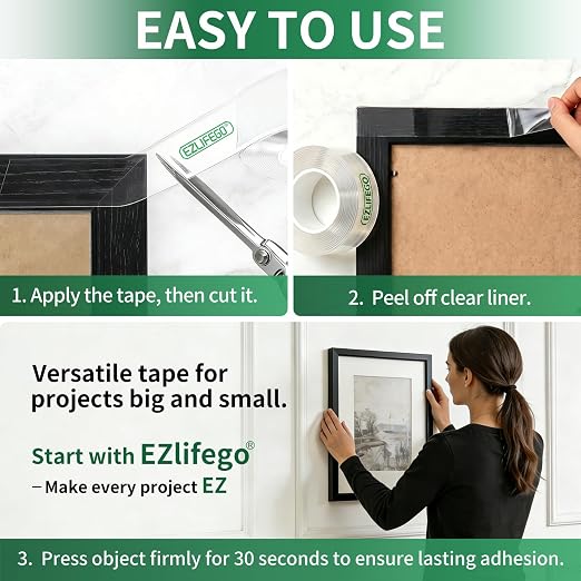 EZlifego Heavy Duty Invisible Bond Nano Double Sided Mounting Tape, 16.5FT | Nano-Tech, Holds up to 72 lbs, All-Purpose, Instant Hold, Industrial-Strength Adhesive, Indoor & Outdoor Decor,Back to School