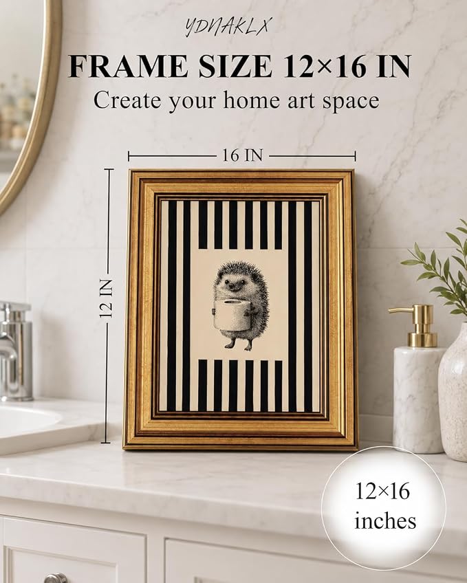 Gold Framed Wall Art, Funny Bathroom Hedgehog Canvas Prints, Vintage Hedgehog Holding Toilet Roll Picture Wall Decor, Striped Cute Animal Artwork for Bathroom Toilet Restroom 12x16 inch