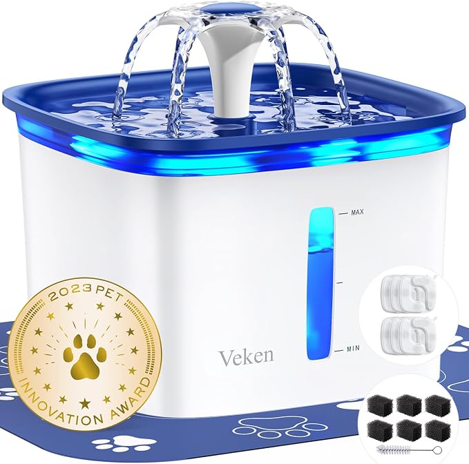 Veken Innovation Award Winner 95oz/2.8L Cat Water Fountain | Automatic Pet Fountain Dog Water Dispenser with 6 Replacement Filters & Silicone Mat for Cats, Dogs (Blue, Plastic)