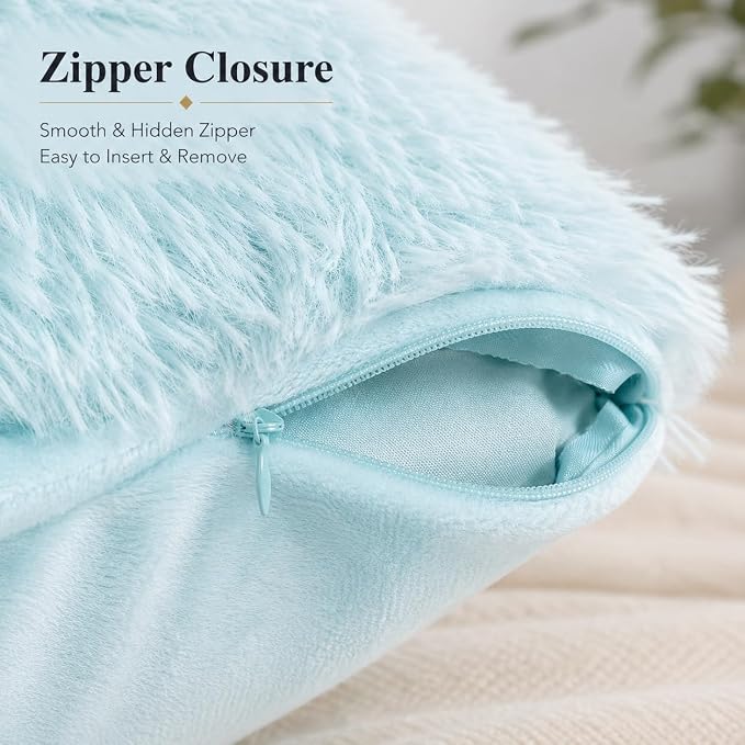 REAFORT Long Hair Faux Fur Euro Sham Cover 26"x26", Hidden Zipper(Aqua) | Ultra-soft plush faux fur with a hidden zipper adds luxurious comfort and is machine washable for easy care.