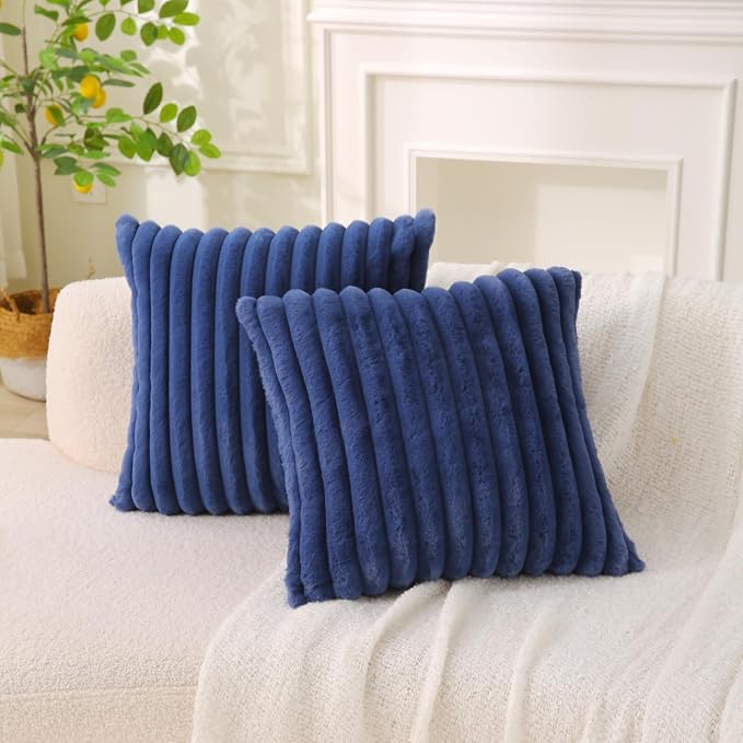 Decorative Throw Pillow with Inserts, Set of 2 Soft Faux Fur Throw Pillows, Square Boho Striped Pillow for Couch, Bed, Sofa Decor (Blue, 16" x 16"(Pack of 2))