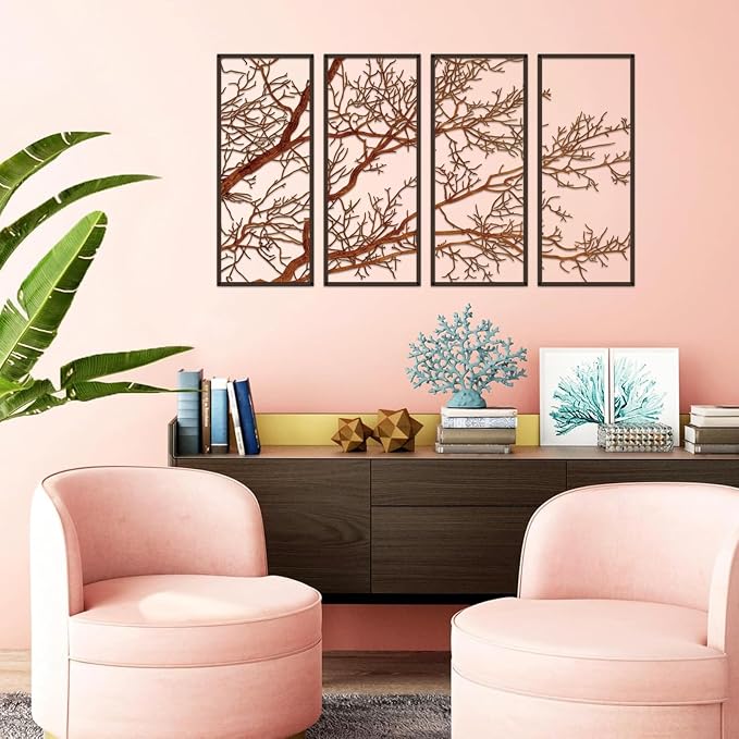 ESTART 4 Pieces Tree of Life Metal Wall Decor, Colorful Tree Branch Metal Wall Art, Tree Sign Wall Hangings for Home Garden Office Living Room Indoor Outdoor (Colorful, Large)