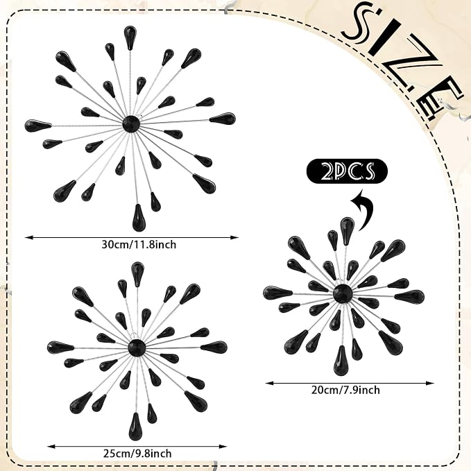 Hicarer 4 Pcs Starburst Wall Decor Bling Wall Art Crystal Teardrop 3D Hanging Rhinestone Radial Metal Artwork Modern Accent Sculptures Decorations for Living Room Home Office Bedroom(Black Diamond)