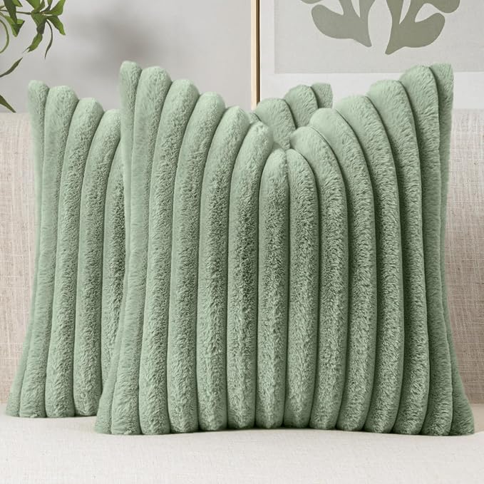 MIULEE Faux Fur Decorative Throw Pillow Covers 18x18 Set of 2 Sage Green | Modern Soft Plush Couch Pillows, Cozy Fluffy Cushion Covers for Sofa Bed Living Room Home Decor