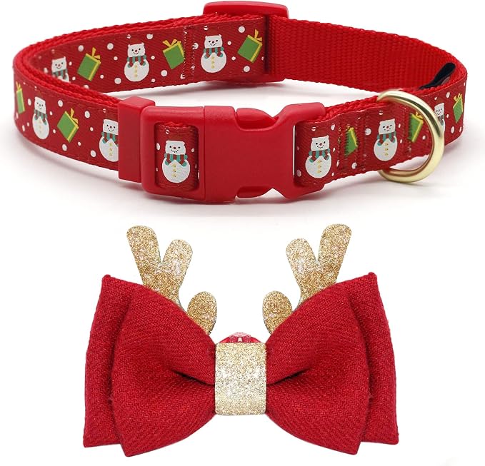 azuza Christmas Dog Collar - Adjustable L (18-26 inch) with Removable Christmas Antler Bow Tie Accessory for Large Dogs