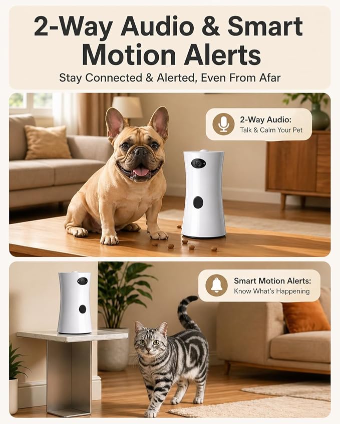 Pet Camera Treat Dispenser, 360° Pet Dog Security Cameras with Phone App, WiFi 5G/2.4G, Two Way Audio, Night Vision, Remote Treat Tossing, Motion Alert for Home Indoor Pet Cat Puppy Monitoring