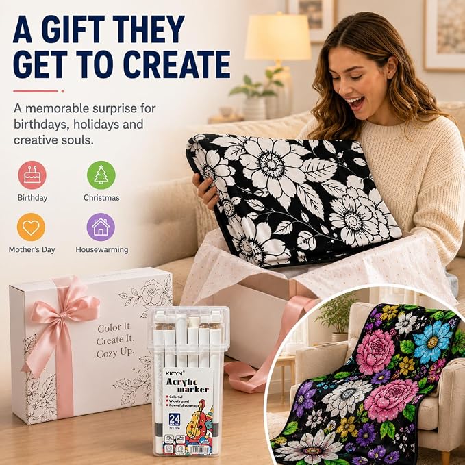 VEELU DIY Coloring Blankets with 24 Colors Markers for Adults | Custom Color In Your Own Blankets With 24 Colors Markers, Snuggle Color Sketch Washable Blankets Kit Home Decor