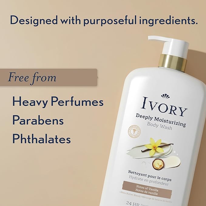 Ivory Body Wash, Deeply Moisturizing, 24hr Nourishing Hydration, Soothes Itchy Dry Skin, Made with Shea Butter Blend, Free of Dyes Heavy Perfumes Parabens & Phthalates, Vanilla Scent, 27 oz