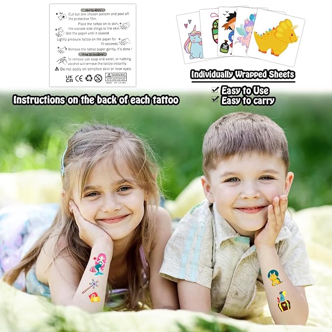 Partywind 408 PCS Kids Tattoos for Party Supplies, Individually Wrapped Sheet Temporary Tattoos Stickers for Kids Goodie Bag Stuffers, Fun Birthday Party Favors - Mixed