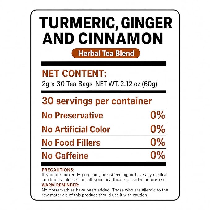 AIGGGO Turmeric Ginger Cinnamon Tea Bags, Digestive Support, 60 Count | 100% natural turmeric, ginger and cinnamon blend for digestive and immune support, no sugar, vegan and gluten-free