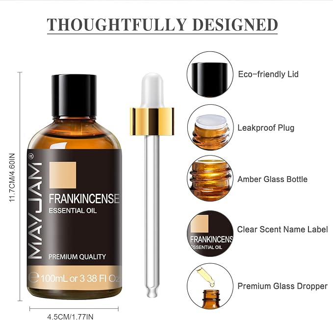 Frankincense Essential Oil 100ml, MAYJAM Premium Essential Oils for Aromatherapy, Diffuser, Soap Making, Candle Making, Large Bottle Frankincense Oil with Gift Box(3.38fl.oz)