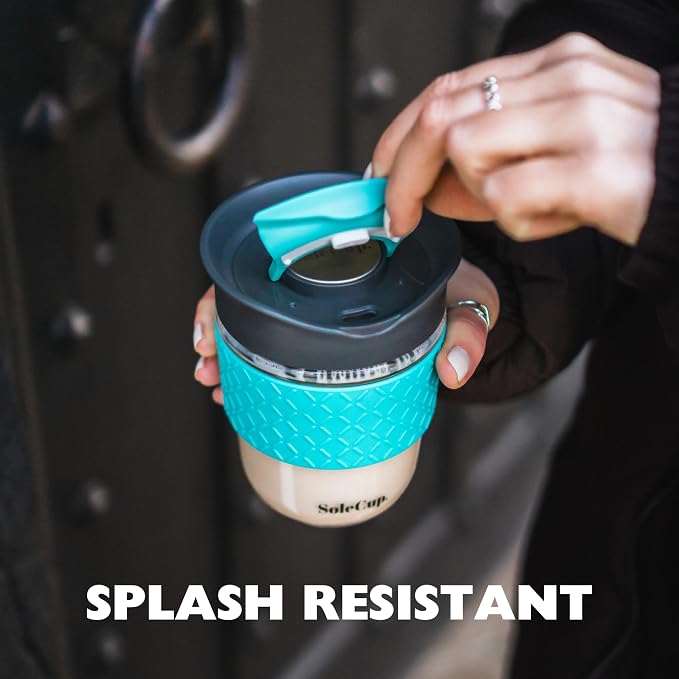 Travel Mug Loose Tea Infuser - Detachable Tea Strainer with Spillproof Lid - BPA-Free Reusable Glass Travel Coffee Cup with Silicone Band (Blue, 12oz)