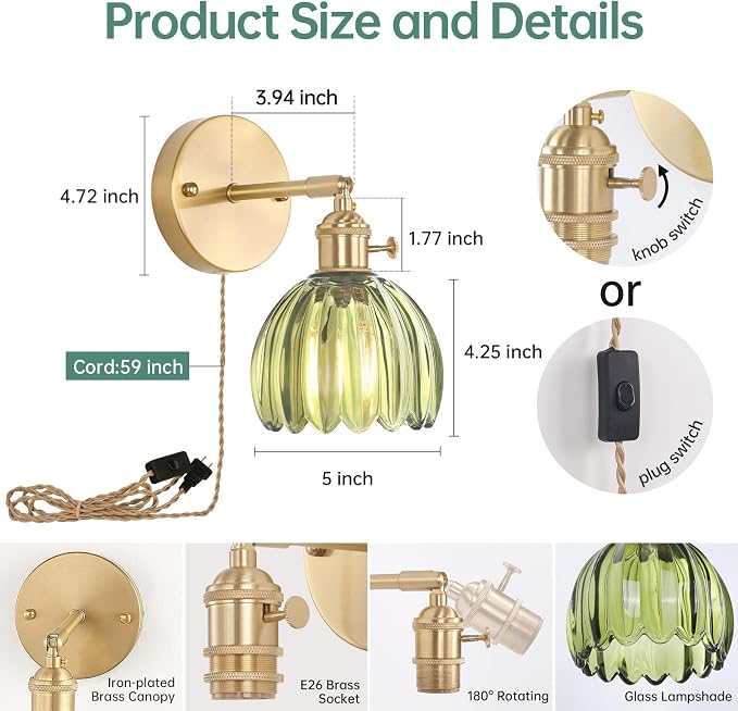 Shenmoyl Plug in Wall Sconce, Green Tulip Glass Lampshade Wall Light Plugin Corded for Bedside Bedroom Doorway