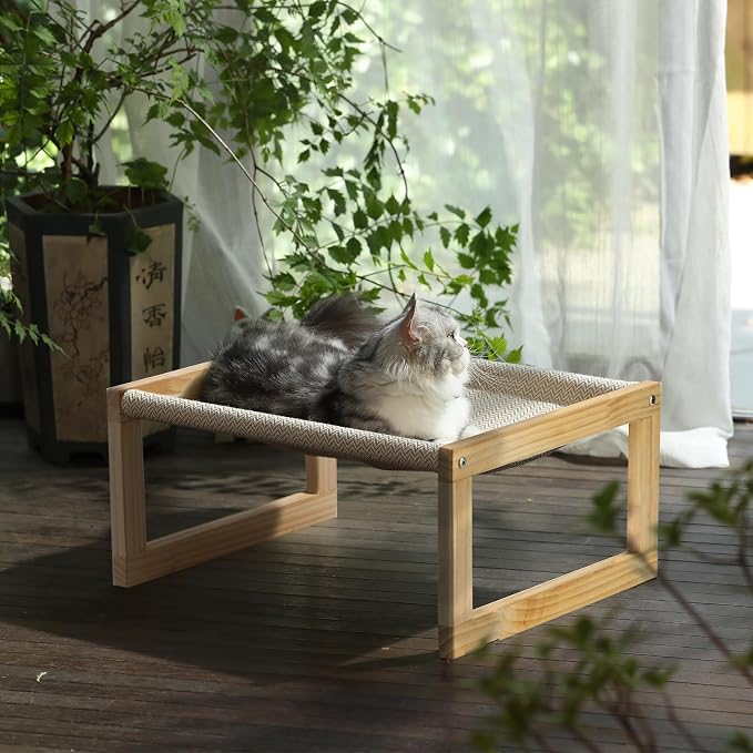 FUKUMARU Large Cat Hammock, Raised Dog Bed for Indoor and Outdoor, Washable | 21" Wooden Pet Beds, Breathable Linen Cat Couch, Elevated Pet Sofa for Puppy, Bunny and Small Animal