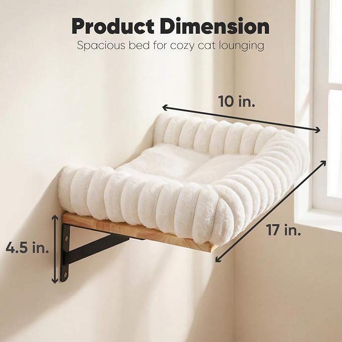 FUKUMARU Cat Wall Shelves, 17 x 10 Inch, Soft Cushion | Solid Rubber Wood Floating Shelf with Upgraded Installation, Kitten Wall Furniture for Sleeping, Playing and Scratching