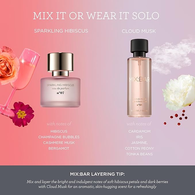 MIX:BAR Sparkling Hibiscus Perfume for Women - Bergamot, Hibiscus, Cashmere Musk, Champagne Bubble Fragrance Notes - Fruity Scent Eau de Parfum Spray Cologne - Bergamot Oil Hair Mist Perfume - 1.7oz