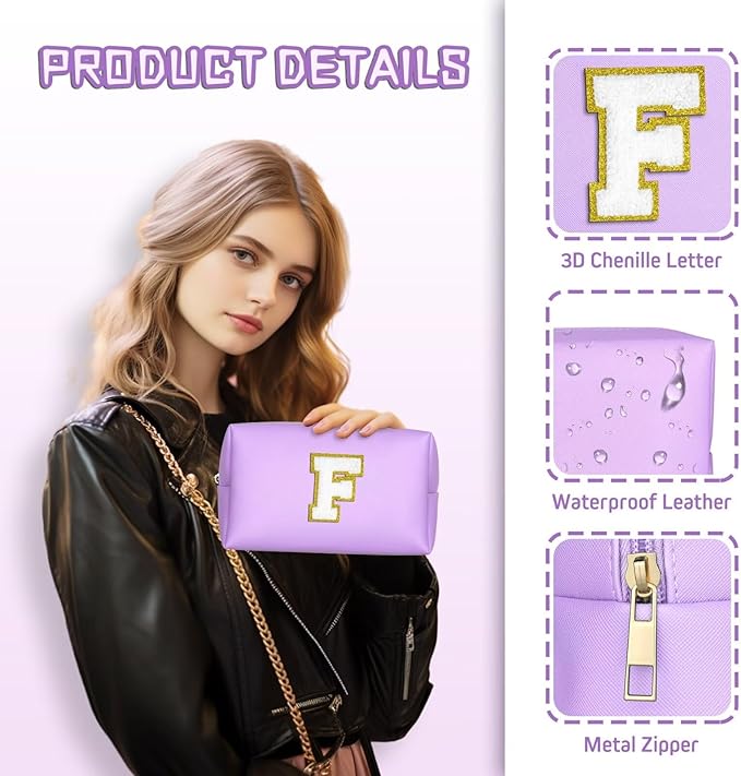 TOPEAST Personalized Birthday Gifts for Women, Preppy Patch Makeup Bag, Chenille Letter Pouch Cosmetic Bag, Travel Organizer, Gifts for Friends, Cute Stuff for Women (Purple L)