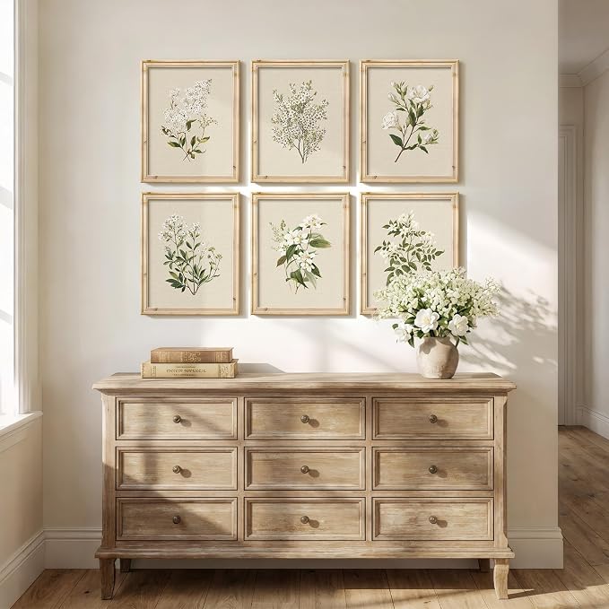 Framed Vintage Botanical Floral Wall Art for Living Room, 6 Piece 11x14 In | Neutral flower pictures, Retro wood frame, Canvas prints, Wall decor for living room bedroom hallway, Gallery wall art sets