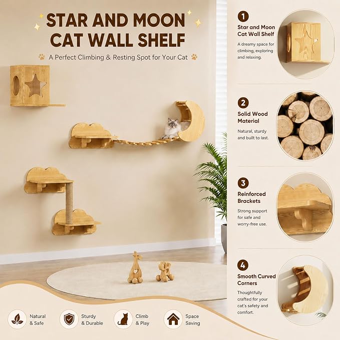 Solid Wood Climbing System for Large Cats, 7-Piece Cat Wall-Mounted Furniture with Moon Bed, Star House, Suspension Bridge and Scratching Post for Indoor Cats