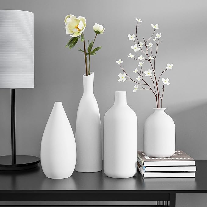 White Ceramic Vase Set of 4,Modern Farmhouse Decorative Vases for Entryway Mantel Centerpiece Bookshelf Console Table
