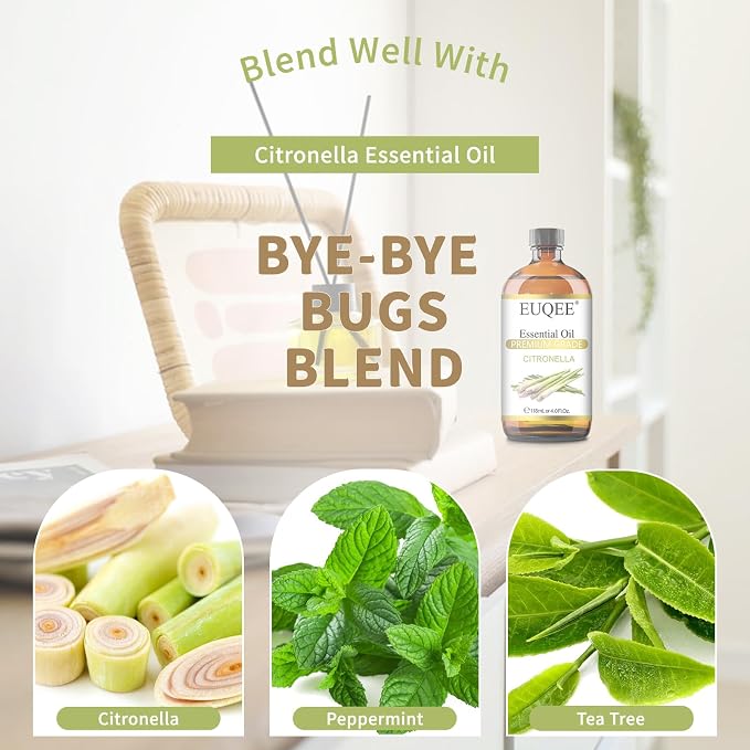 EUQEE Citronella Essential Oil, 118ml Large Gift Box Pure Citronella Oil with Glass Dropper for Candle Making, Diffuser, Humidifier - 4 fl oz.