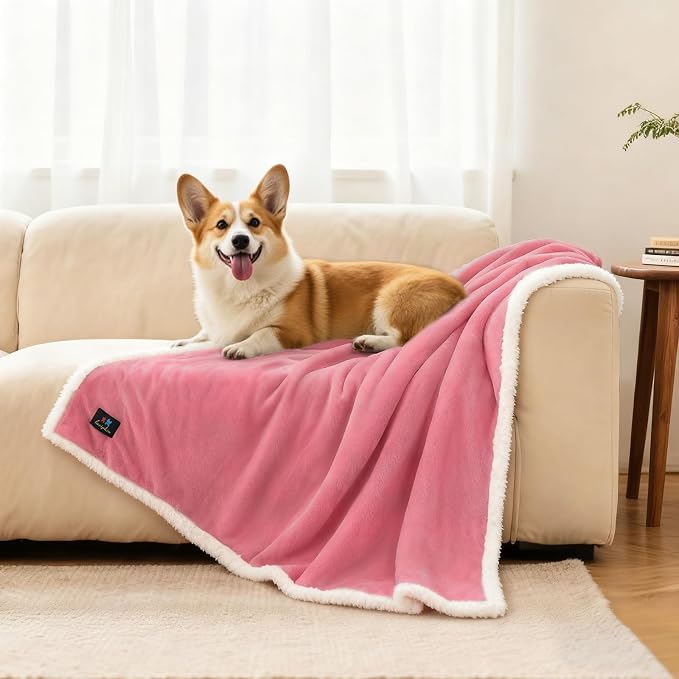 Luciphia Waterproof Bed Blanket Washable,Soft Sherpa Fleece Puppy Reversible Throw Blankets for Medium Large Dog Cat,Furniture Cover Protector Couch from Liquid Pee and Pet Fur,Pink White,85" x 57"