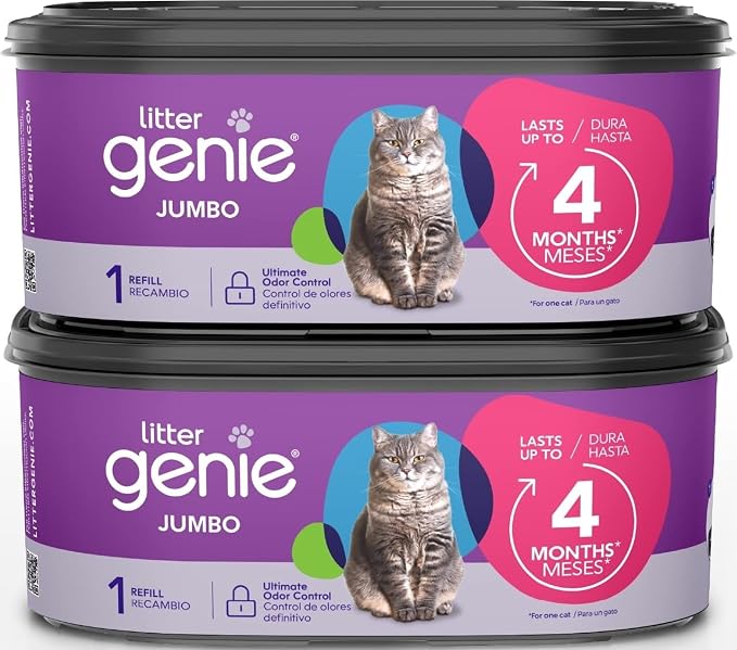 Litter Genie Jumbo Refill Bags, 2-Pack, 56 ft of Continuous Film | Long-lasting multi-layer refill film with odor-locking technology provides up to 8 months of cat litter disposal for one cat.
