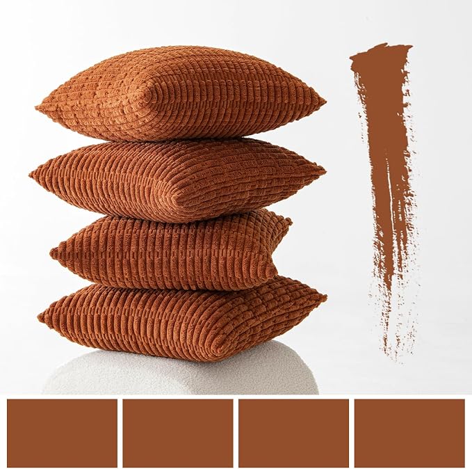 MIULEE Pack of 4 Fall Dark Rust Corduroy Decorative Throw Pillow Covers 18x18 Inch Soft Boho Striped Pillow Covers Modern Farmhouse Home Decor for Sofa Living Room Couch Bed | Neutral Rustic Farmhouse Boho Soft Striped Pillow Covers,Home Decor for Sofa...