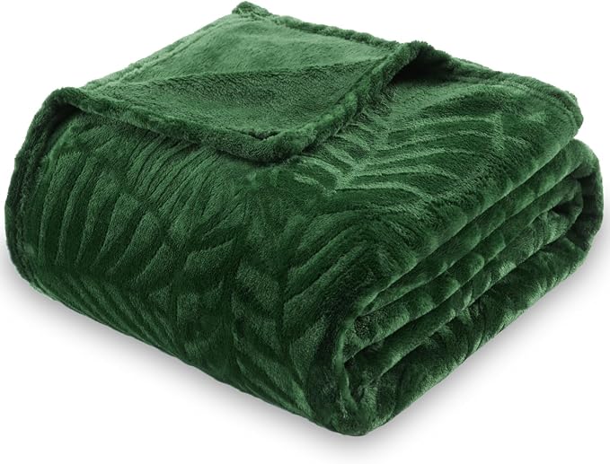 Super Soft Flannel Fleece Throw Blanket, 50 x 60 Inches, Olive Green | Lightweight Cozy Warm Leaves Textured Plush Blanket for Bed Couch Sofa