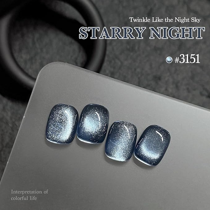 GAOY Blue Cat Eye Gel Nail Polish, 16ml Glitter Holographic Nail Polish with Magnet, Reflective Translucent UV Gel, 3151 Starry Night
