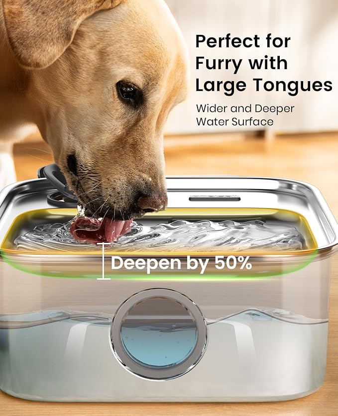 oneisall 10L/2.6Gal Dog Water Fountain for Large Dogs (with 6 Filters) | Deeper & Wider Drinking Area, Visualization Water Window & Triple Filtration,304 Stainless Steel