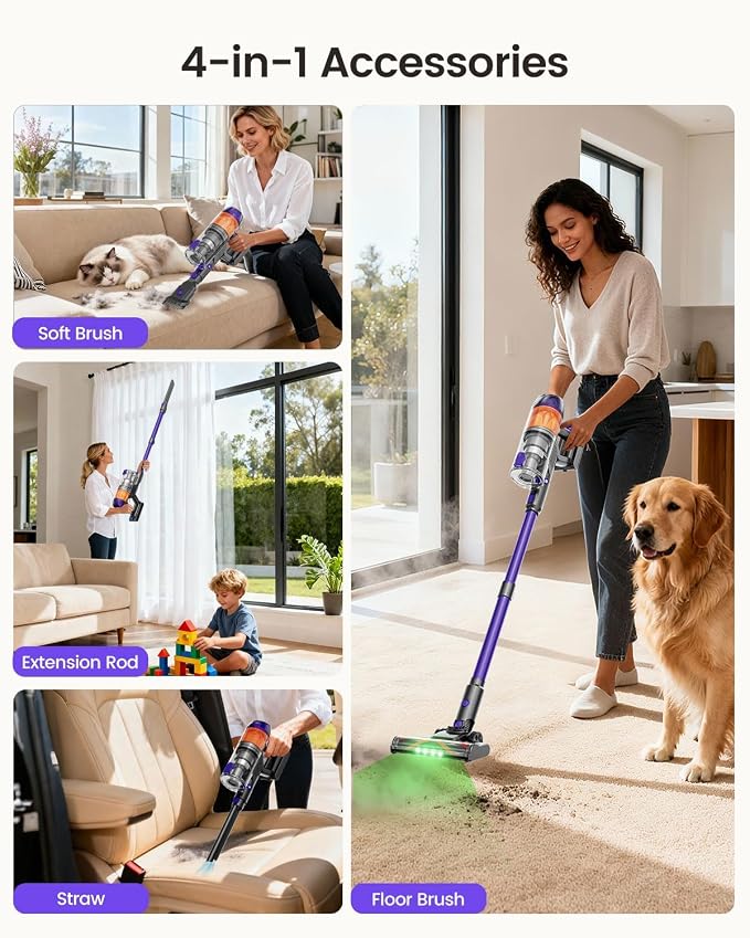 Cordless Vacuum Cleaner, 500W 40KPa 60Mins Vacuum Cleaners for Home, Anti-Tangle Rechargeable Vacuum with Green Light Wireless Vacumm for Pet Hair/Carpet/Hardwood Floor Purple