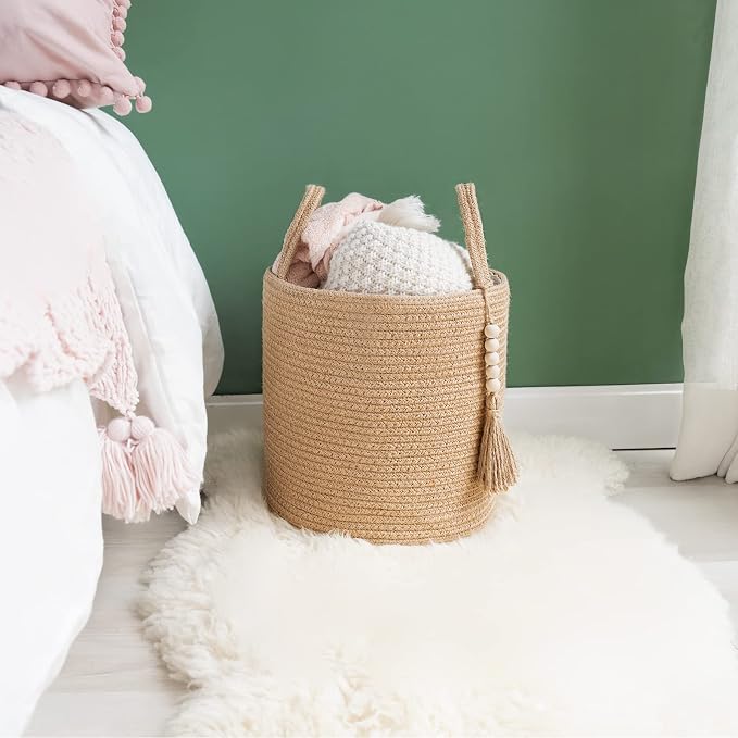 Mkono Woven Storage Basket for Blanket, Toys Plant Organizer, 11"W x 11"L | Brown, Jute, Decorative Basket with Handle, Wood Beads Tassel, Shoes Towel Clothes Storage Bin, Living Room Bedroom Nursery