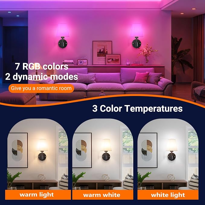 YHCDLAMP Peel and Stick Wall Sconces, No Drilling Stick On Wall Sconce, Wireless Battery Operated Wall Lights, Adhesive Wall Lamp with 10000mAh Battery Bulb for Bedroom Living Room Decor