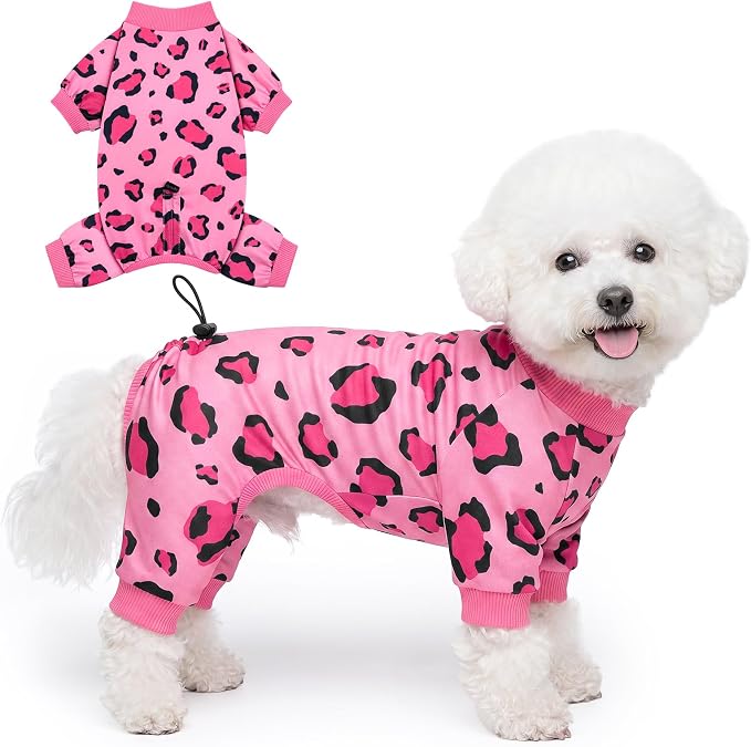 XPUDAC Leopard Dog Pajamas, Stretchy Girl Dog Clothes with Adjustable Drawstring, Soft Lightweight Pet Pjs Puppy Clothes Outfit for Small Medium Dogs, Pink, M