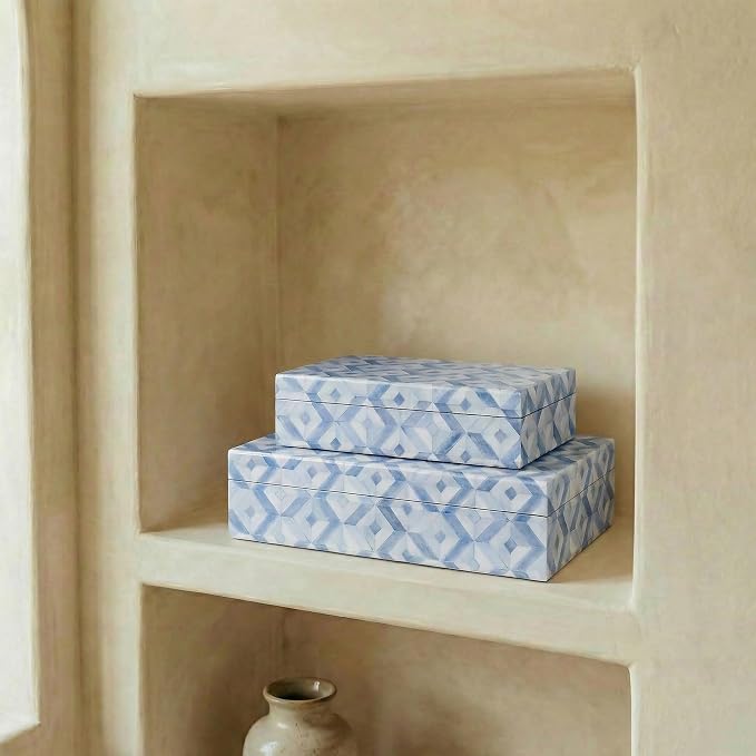 Decorative Storage Boxes with Lids - Set of 2 Organizer Bins for Bookshelf | Beautiful Home Decor - Safely Store Photos, Documents and Memory Box Keepsakes on Your Shelves in Style