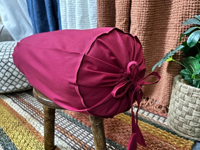 Round Bolster Cover Cervical Neck Roll Cotton Pillowcase for Cylindrical Pillow with Drawstring Closure Neck Pillow case 6" x 18" (15 x 45 cm) Burgundy