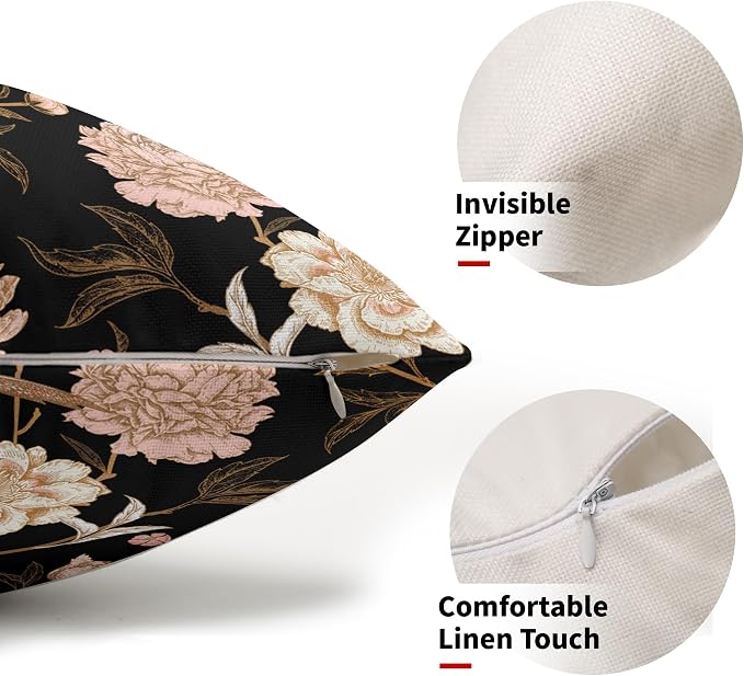 Pink White Roses Floral Lumbar Pillow Covers 12X20 Inch Set of 2 Retro Flowers Birds Gold Leaf Decorative Pillow Cases Art Vintage Black Cotton Linen Cushion Case Home Decor For Sofa Porch Outdoor