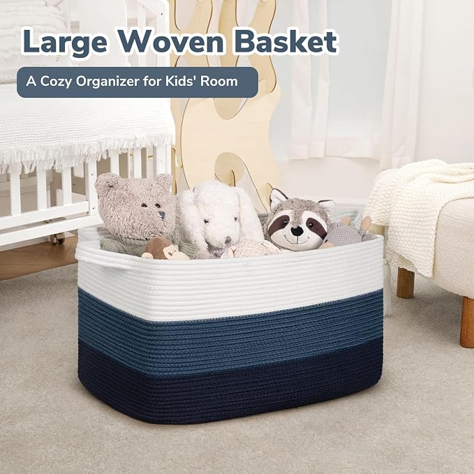 Goodpick Large Woven Rope Blanket Basket, Rectangle, Light Blue | 21.6'' x 14.9'' x 11.8'' Storage Basket for Toys, Books & Blankets, Bedroom & Nursery Organization, Reinforced Handles