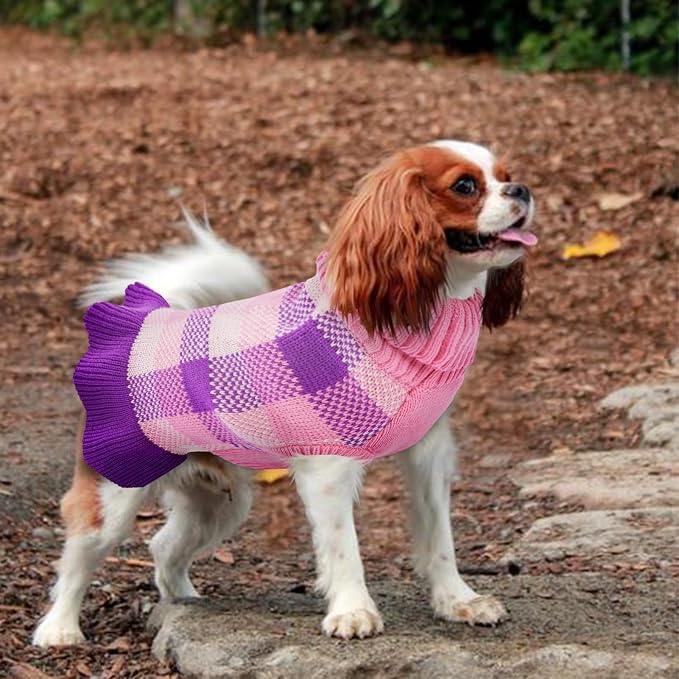 Dog Sweater Dress Plaid Knitwear for Small Medium Dogs Warm Puppy Pet Turtleneck Stretch Pullover Cute Fall Winter Vest Clothes with Leash Hole for Christmas (Purple, 2XL)