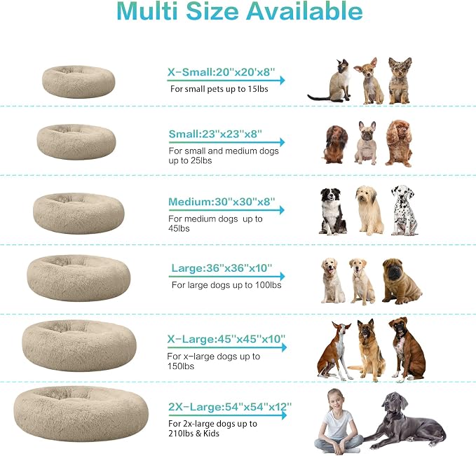 SAVFOX 23 inches Calming Donut Dog Bed - 3X Durable Plush Faux Fur, Machine Washable & Non-Slip, Fits up to 25 lbs, Beige