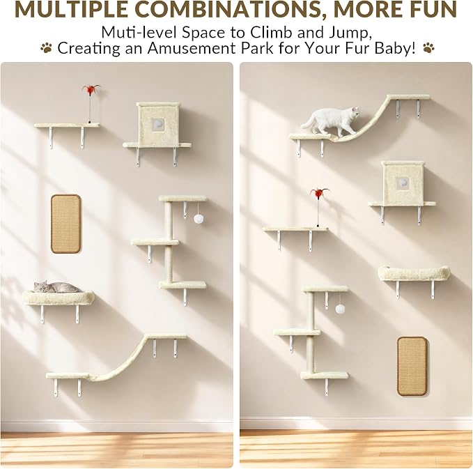 Cat Wall Shelves, 6 in 1 Cat Wall Furniture Set with Condos House, Bed, Bridge, Tree, Steps, Scratching Board, DIY Walls Playground for Indoor (Beige)