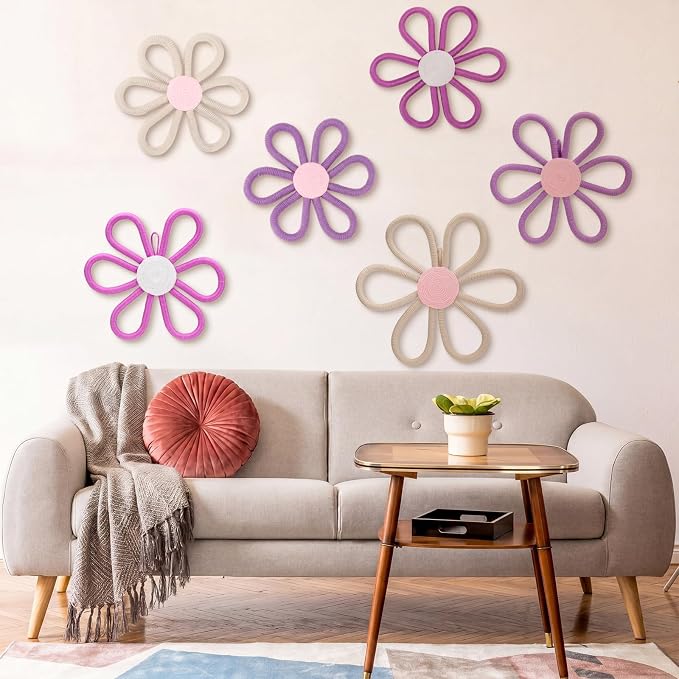 Barydat 6 Pcs Boho Nursery Decor Daisy Flower Woven Macrame Wall Hanging 3 Size Daisy Flower Wall Decor Bohemian Nursery Decorations for Home Dorm Art