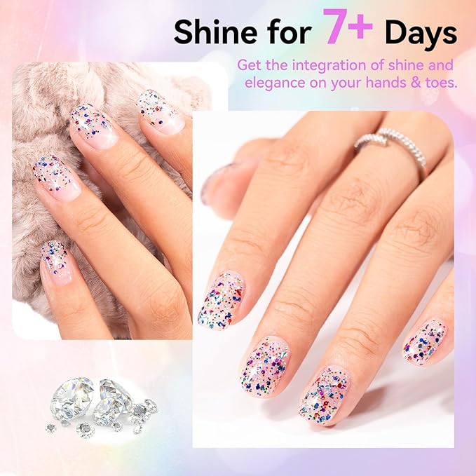 Sparkle Nail Polish, Glitter Purple Blue Red Fast Dry Confetti Nail Polishes, No UV Lamp Needed, Vegan, Long Lasting Gradient Nail Art DIY Home Travel Manicure Gift
