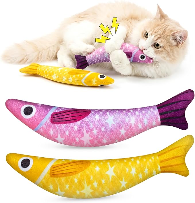 Cat Toys for Indoor Cats, Fish-Shaped Pillow, 2 Pack Yellow + Purple