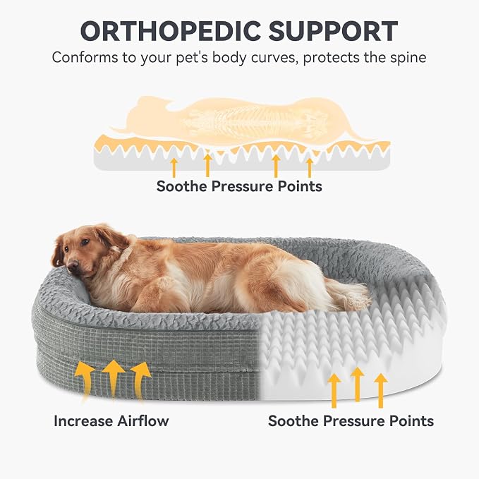 JOEJOY Orthopedic Dog Bed for Extra Large Dogs, XXL Egg-Crate Memory Foam Pet Bed with Bolster Sides, Waterproof Lining, Removable Washable Cover & Non-Slip Bottom, Light Grey